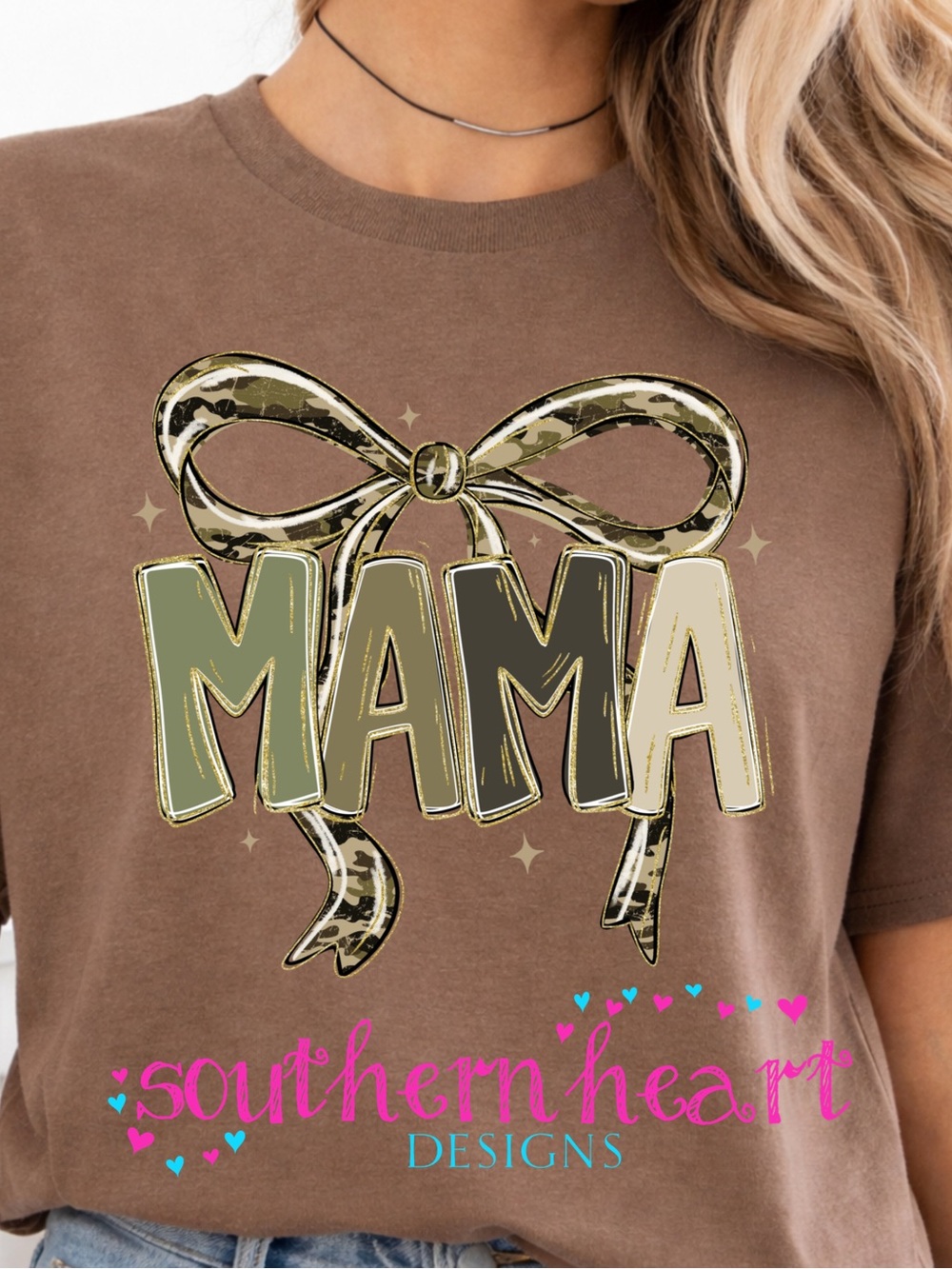 Gildan Brown "MAMA" Short Sleeve Tee with Camo Bow Graphic